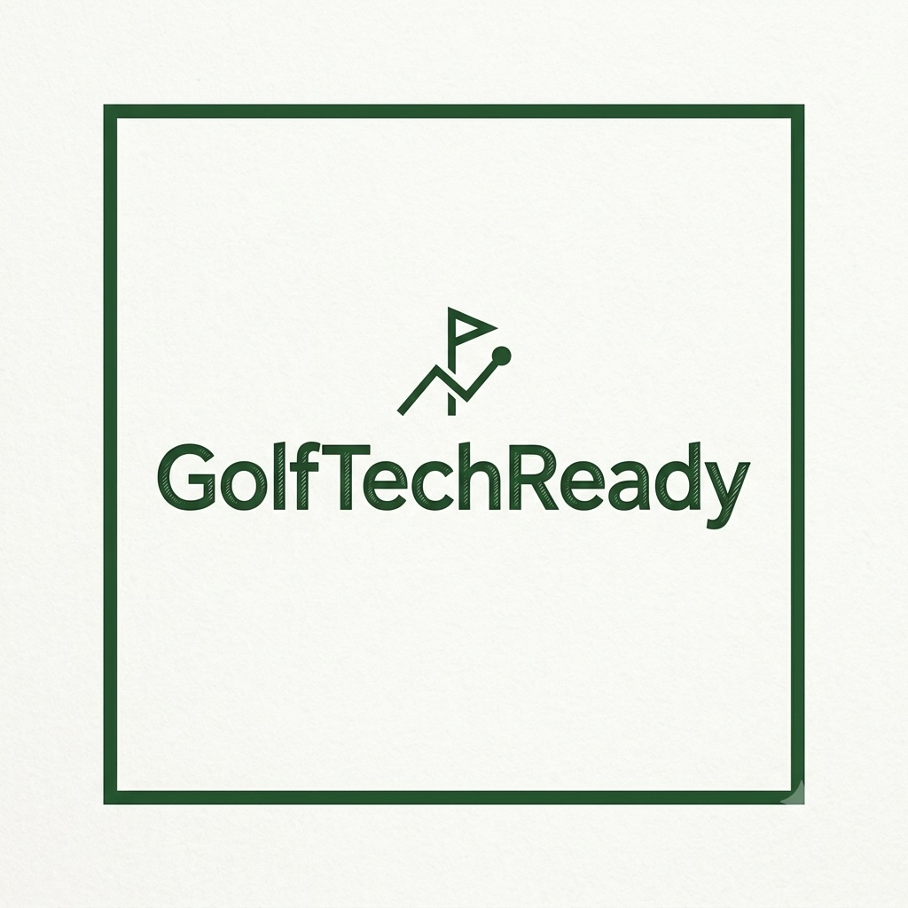 GolfTechReady logo: flagstick and rising data line ending in a golf-ball data point